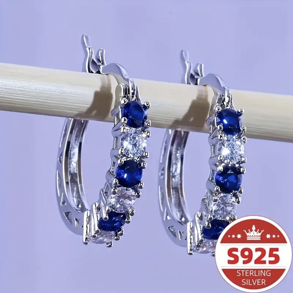SOLD SOLD SOLD Sterling Silver Blue and White Hoop Earrings
